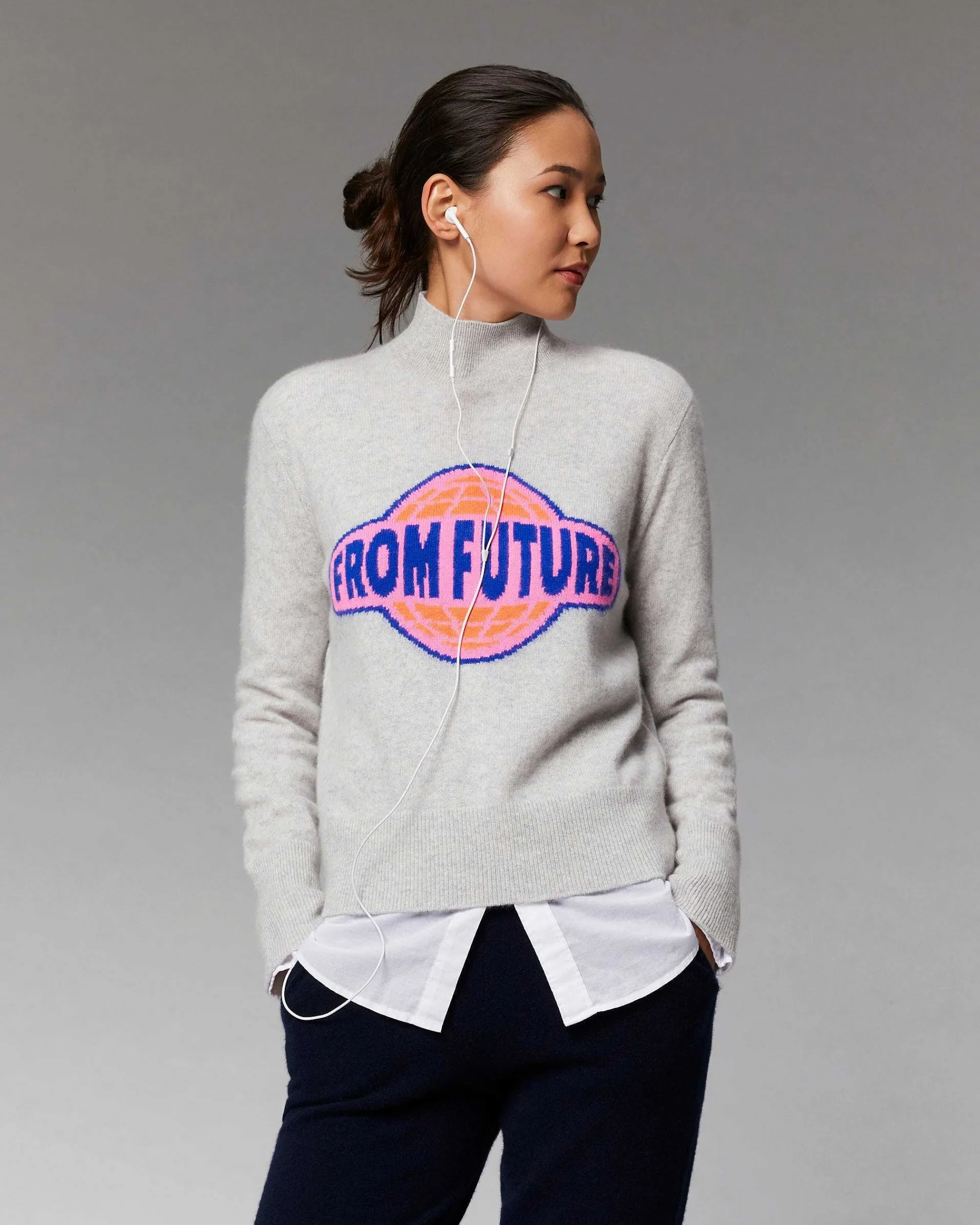 Hot FROM FUTURE Pull Col Montant Planete Leger Gris Chine Clair