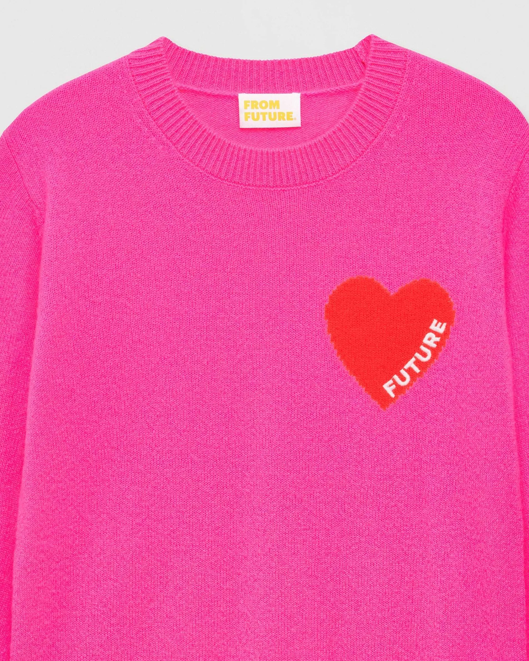 Clearance FROM FUTURE Pull Col Rond Coeur Leger Rose Fluo