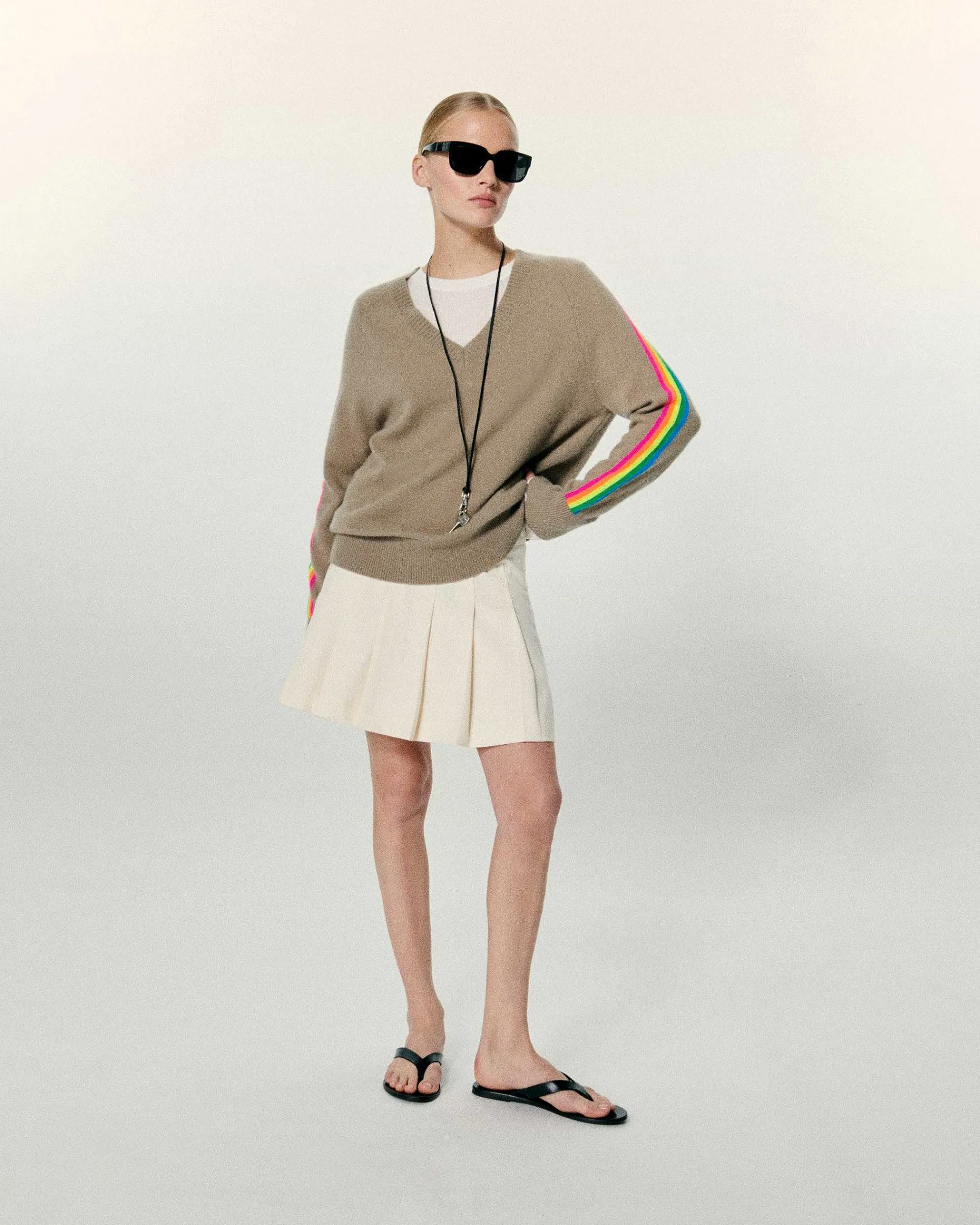 Fashion FROM FUTURE Pull Col V Oversize Bande Manches Multico Tropical Taupe