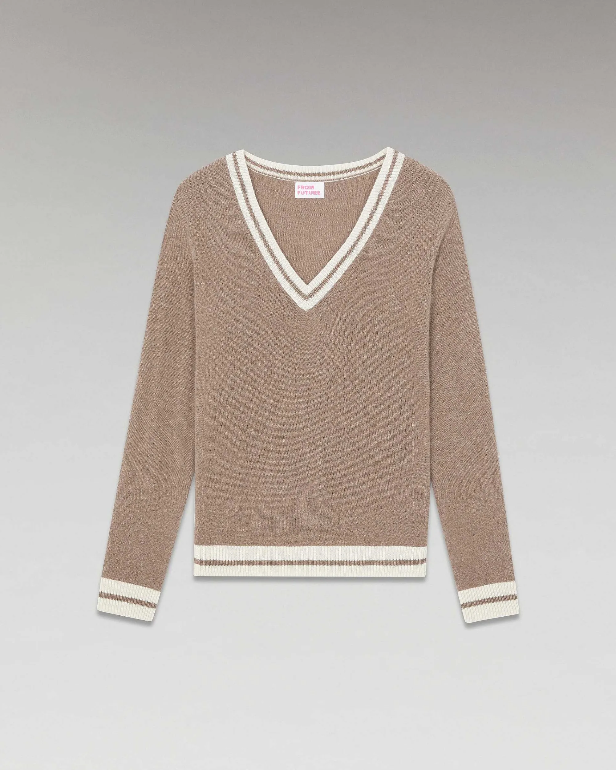 Shop FROM FUTURE Pull Col V Rayures Tennis Leger Taupe