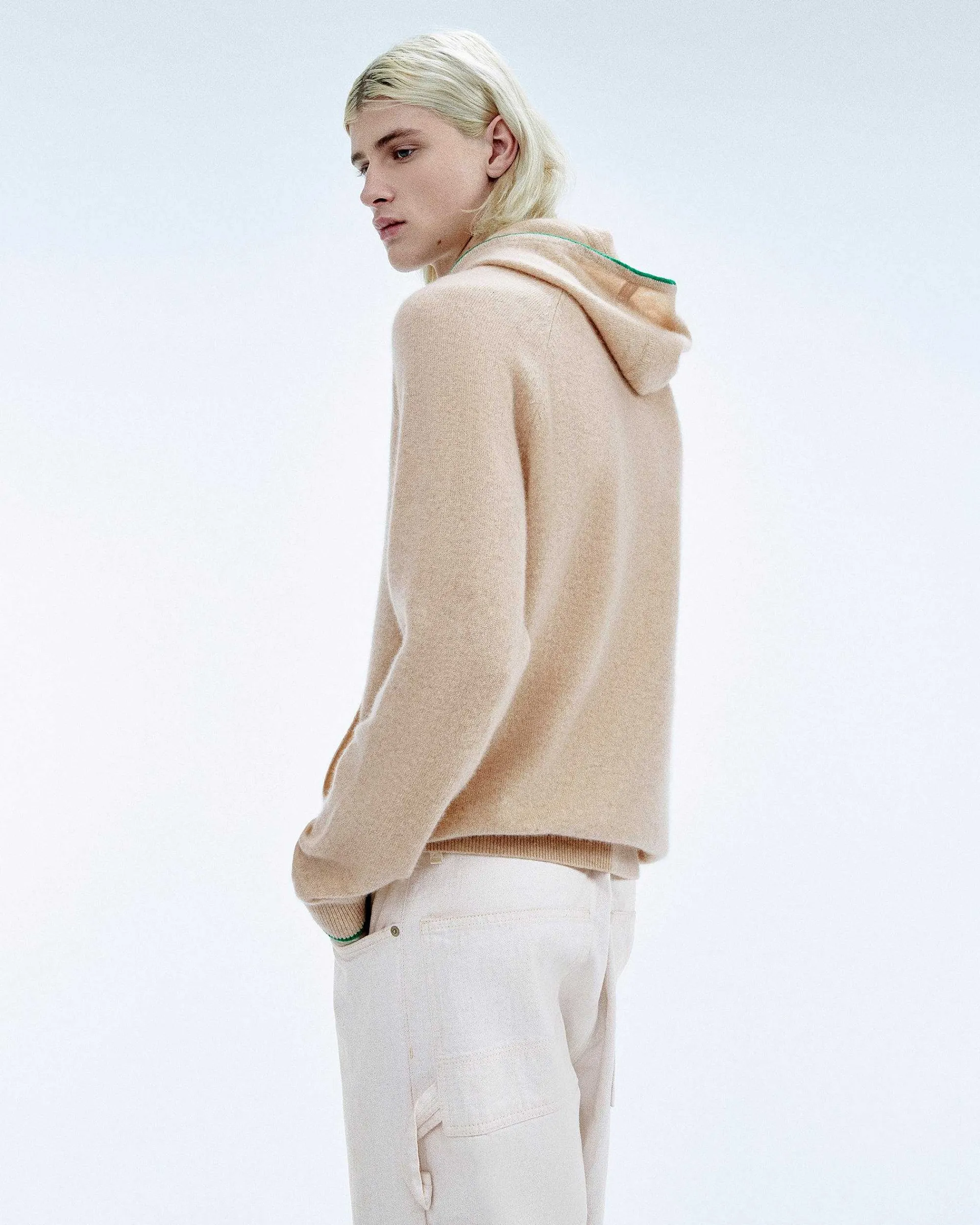 New FROM FUTURE Pull Hoodie A Poche Et Liserets Contrastes Beige Chine