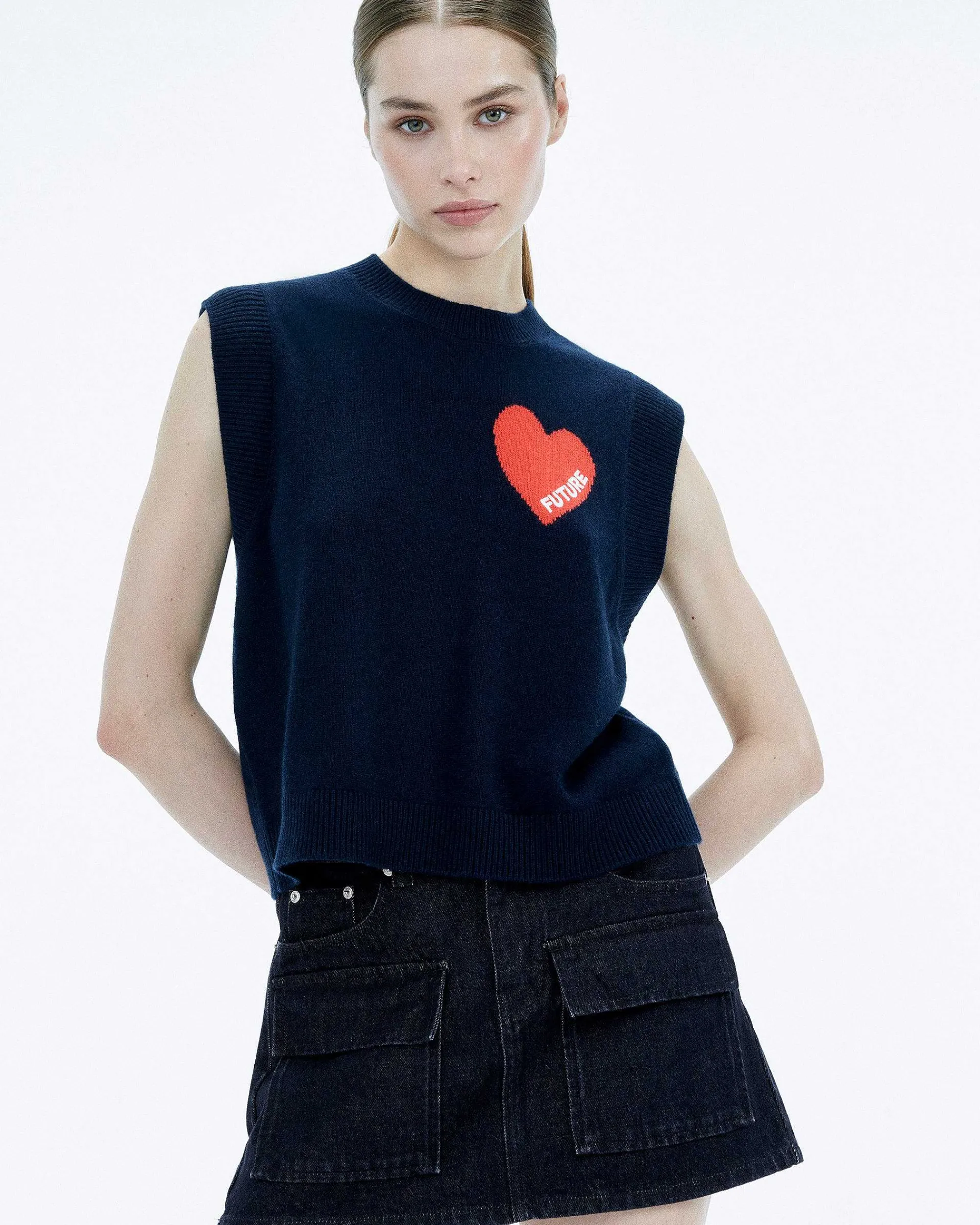 Fashion FROM FUTURE Pull Sans Manche Coeur Navy