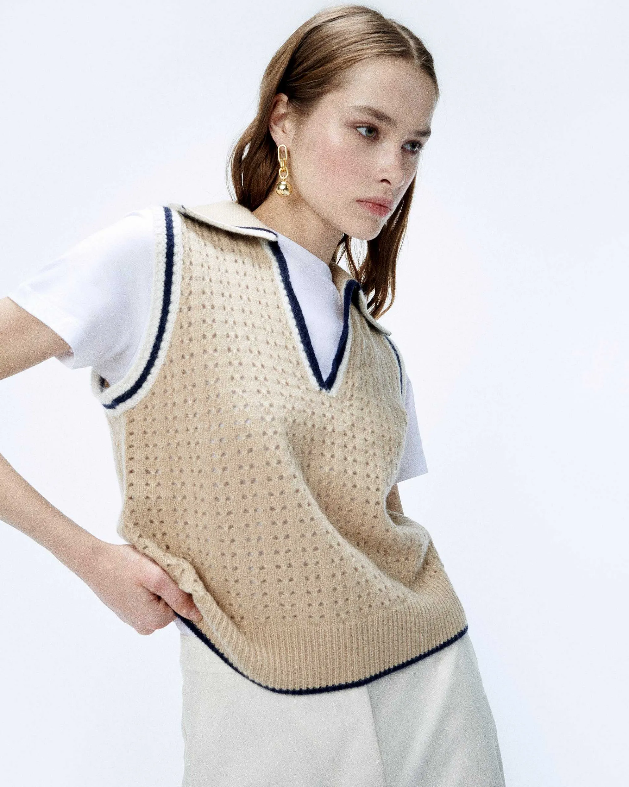 Best Sale FROM FUTURE Pull Sans Manche Tricot Ajoure Beige