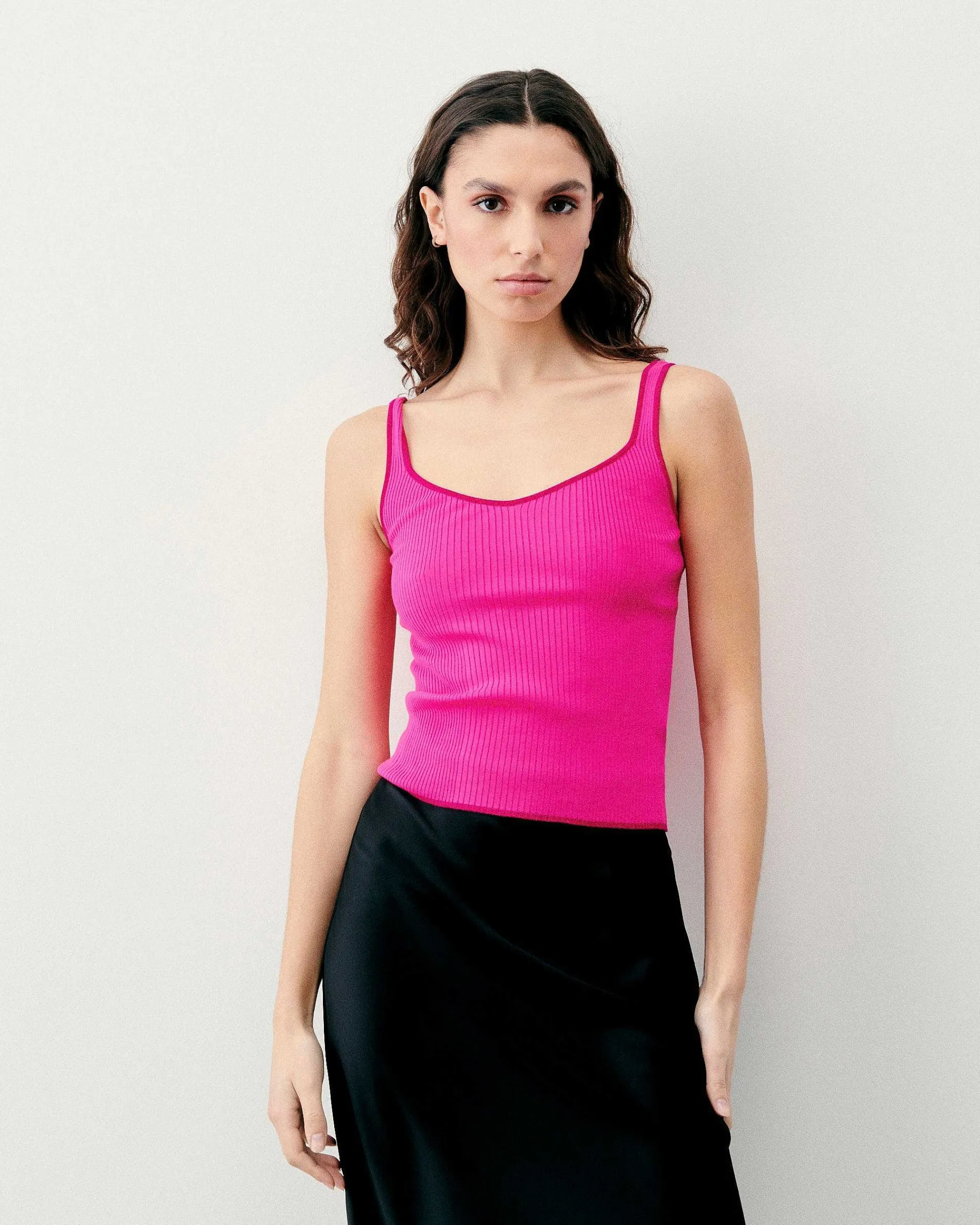 New FROM FUTURE Top Debardeur A Cotes Liseres Contrastes Flash Pink